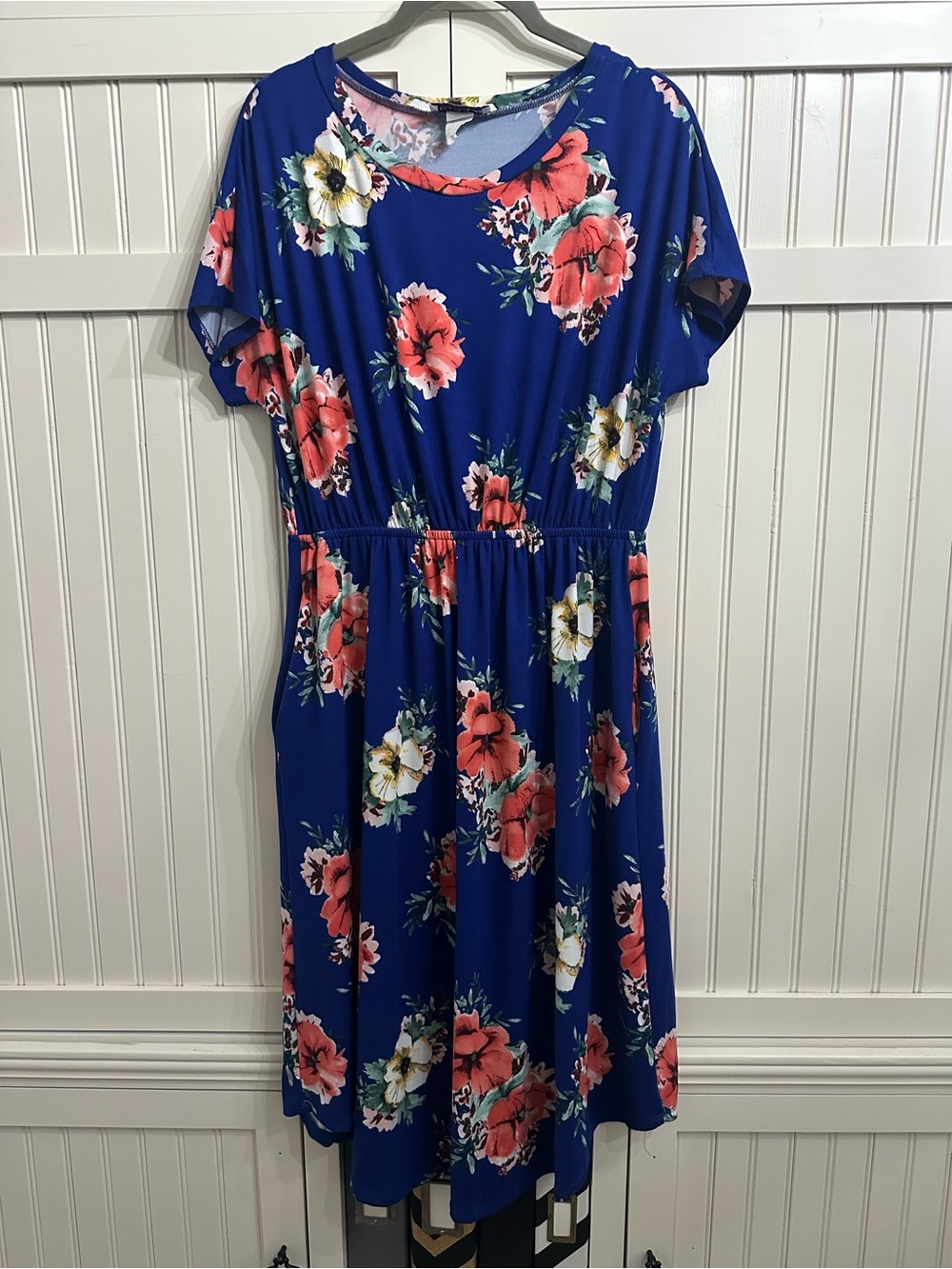 Blue Floral Elastic-Waist Mini Dress with Pink Blooms